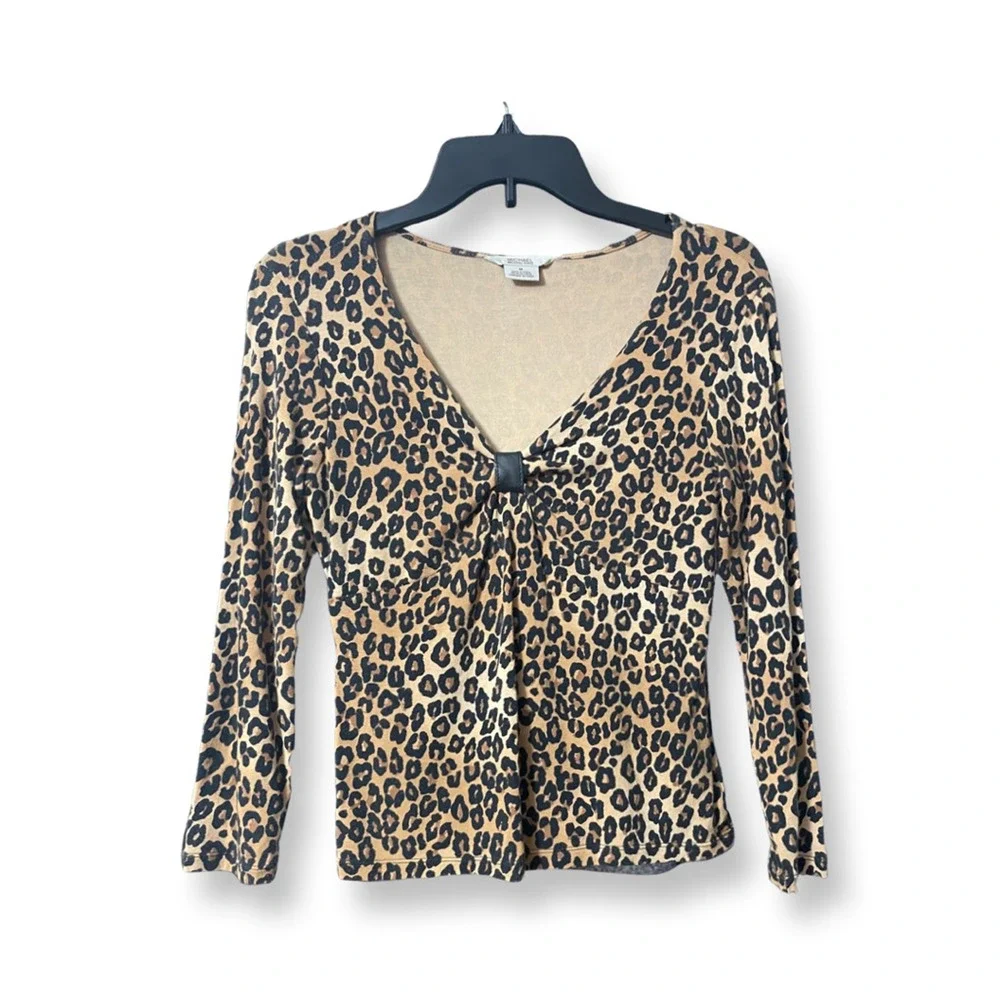 Michael Kors Womens Blouse Multicolor Leopard Print Ruched Long Sleeve V Neck M